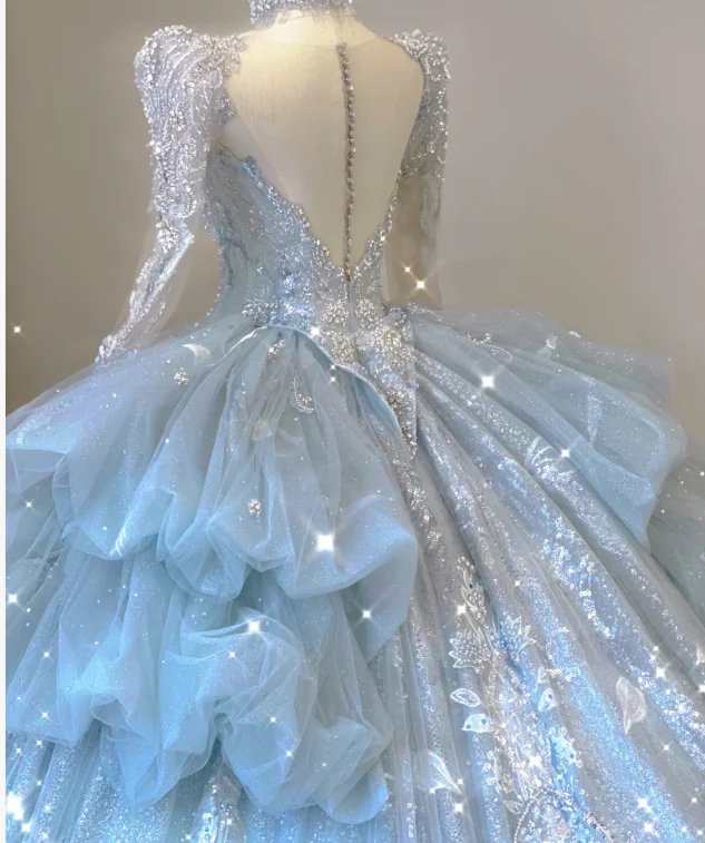 Timeless Ball Gown V Neckline Sequin Blue Long Sleeves Wedding Dresses Brides Dress DP465 - Deanwangkt