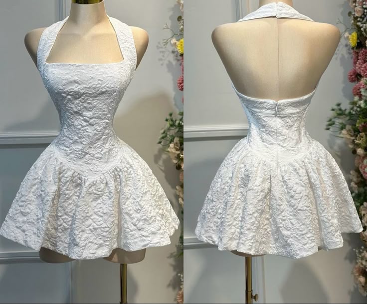 Cute Ball Gown Halter Lace White Summer Homecoming Dress Hoco Dress Mini 18th Birthday Outfit Cocktail Dresses DP1851 - Deanwangkt