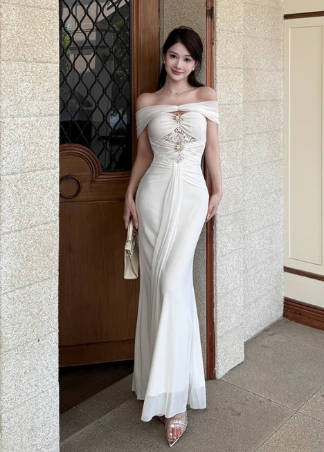 Elegant Off-the-shoulder Mermaid Chiffon Long Prom Dresses, White Formal Evening Gowns DP3068 - Deanwangkt