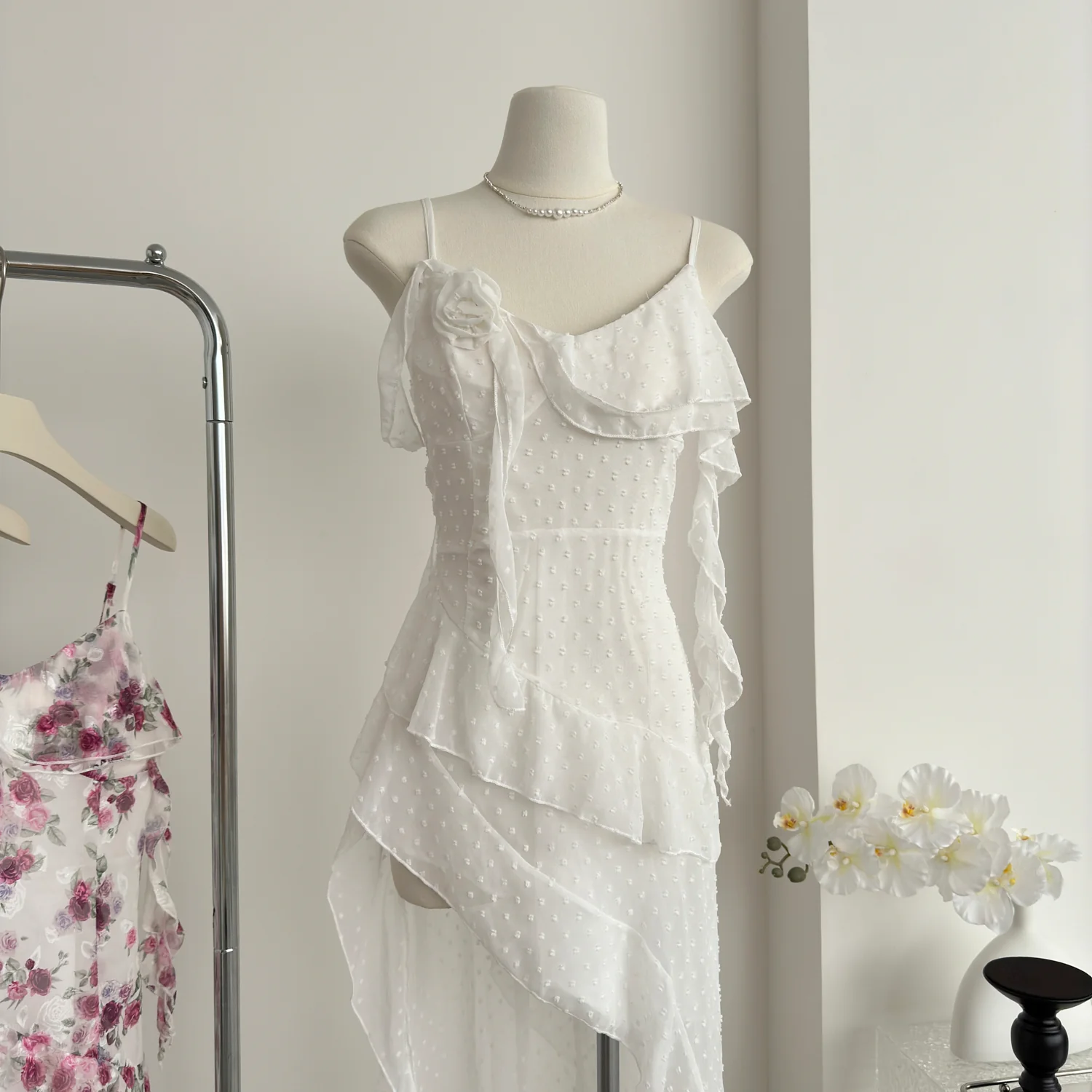 Sexy High Low Spaghetti Straps Floral Summer Dress Holiday Party Outfits For Women DP0080 - Deanwangkt