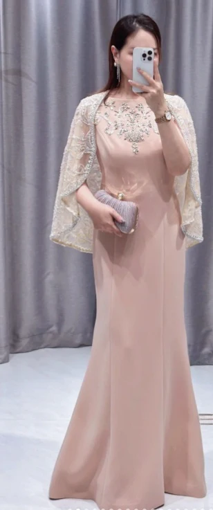 Elegant Pink Mermaid Jewel Mother of the Bride Dress Satin Long Evening Gown with Shawl DP2874 - Deanwangkt