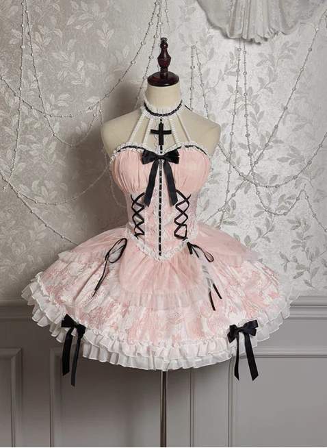 Vintage Ball Gown Halter Pink Tulle Lace 22nd Birthday Dress Lolita Dress Cute Lolita Outfits DP2760 - Deanwangkt