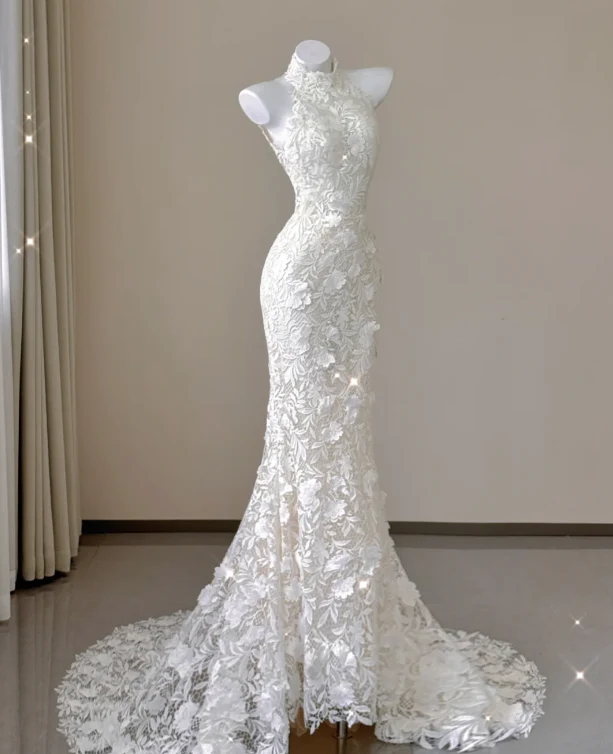 Elegant Mermaid High Neckline White Lace Sleeveless Wedding Dresses Brides Dress P0012 - Deanwangkt