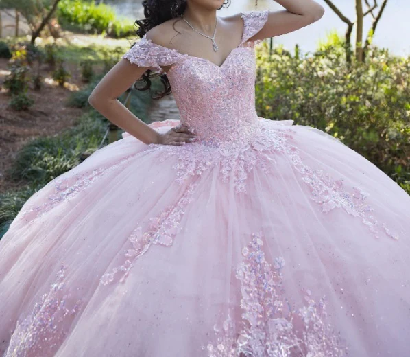 Modest Ball Gown Off The Shoulder Pink Tulle Lace Long Quinceanera Dress Formal Gowns Vestido De 15 Anos Sweet 16 Dress DH1853 - Deanwangkt