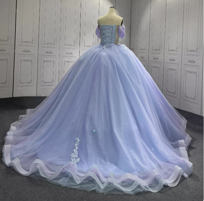 Gorgeous Purple Off-the-shoulder Tulle Long Ball Gown Appliques Sweet16th Birthday Dress Cute Quinceanera Dress DH2732 - Deanwangkt