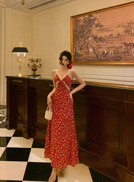 Cute A line V Neckline Red Floral Sleeveless 18th Birthday Dress Party Gown Birthday Outfits For Women DP0207 - Deanwangkt