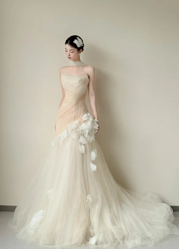 Modest Mermaid Tulle Wedding Dress, Spaghetti Straps Bridal Gowns DP3114 - Deanwangkt