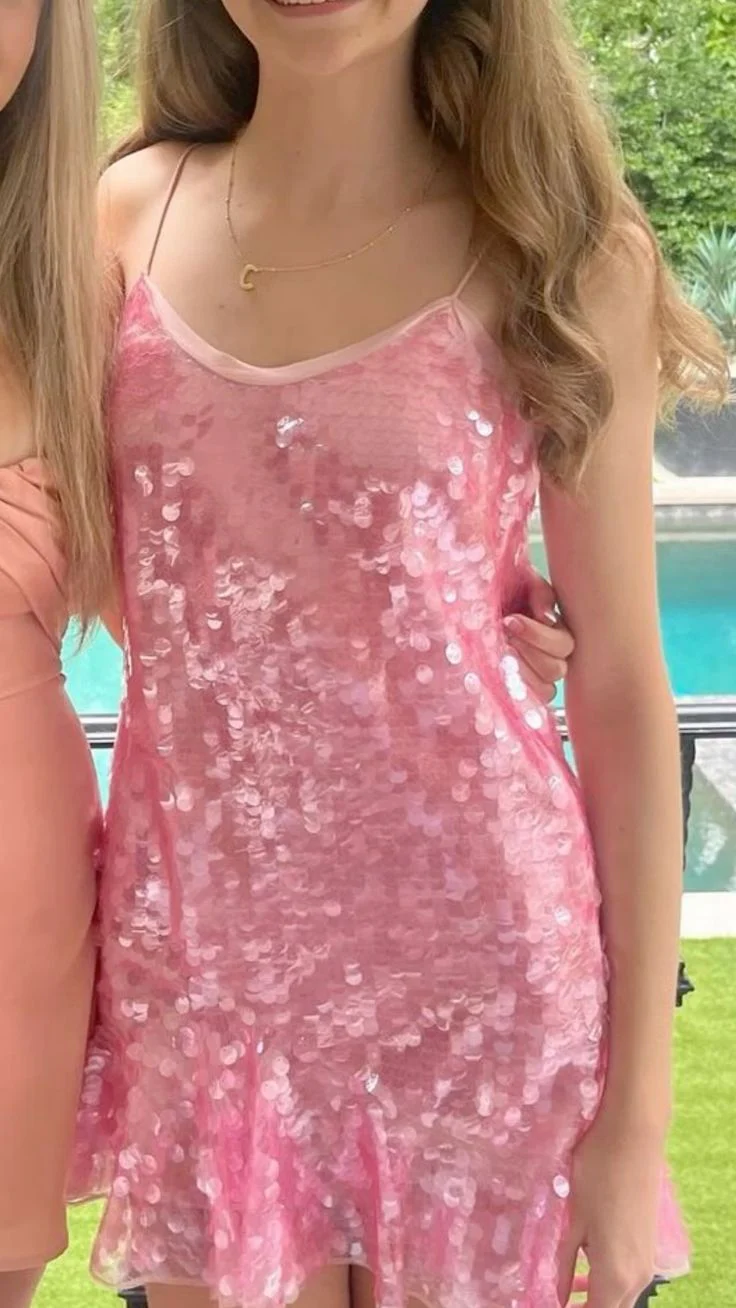 Pretty A line Spaghetti Straps Pink Sequin Short Formal Homecoming Dresses Middle School Short 21st Birthday Outfits Graduation Dress Mini Cocktail Dresses DH2240 - Deanwangkt