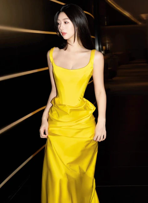 Glam Strap Sheath Long Prom Dresses Satin Yellow Evening Dresses DP3311 - Deanwangkt