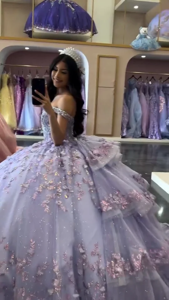 Gorgeous Off-the-shoulder Ball Gown Lavender Long Prom Dresses Tulle Applique Lavender Quinceanera Dresses Sweet 16 Dress DP3823 - Deanwangkt