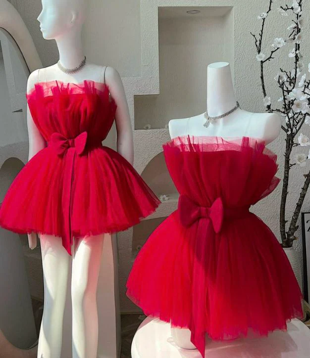 Cute Ball Gown Strapless Red Tulle Short Formal 8th Grade Homecoming Dresses Middle School Cocktail Dress Hoco Outfits DH2607 - Deanwangkt