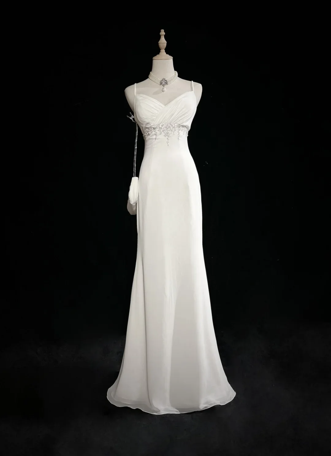 Unique Wedding Dress Mermaid Spaghetti Straps White Chiffon Beads 90s Wedding Dresses Vintage Bridal Gowns DH1164 - Deanwangkt