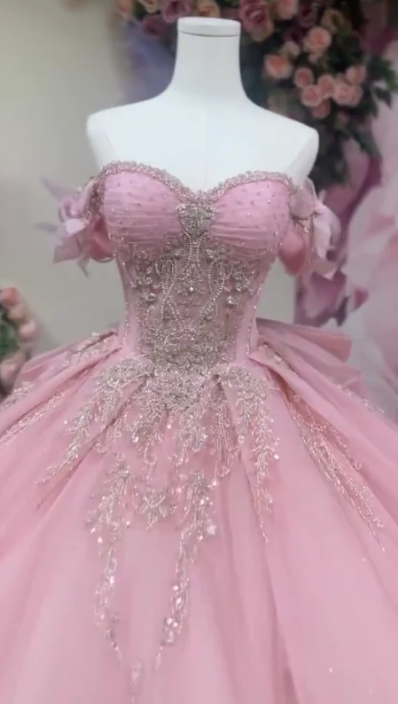 Gorgeous Pink Off-the-shoulder Tulle Long Ball Gown Sweet Applique Beaded 16th Birthday Dress Cute Quinceanera Dress DH2740 - Deanwangkt