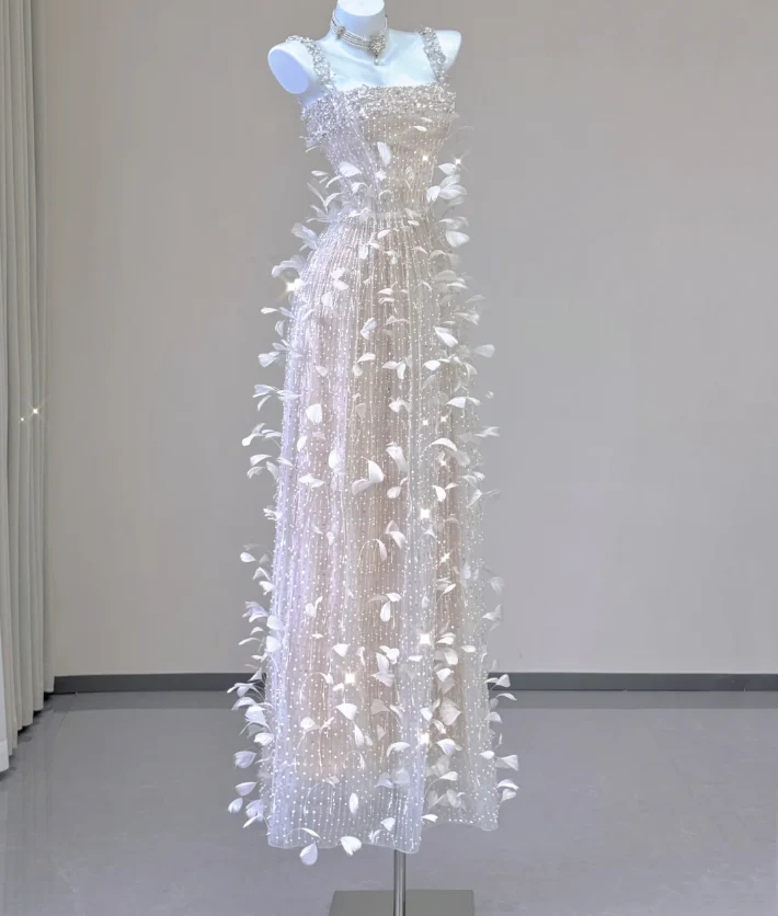 Classy A Line Square Neckline Champagne Tulle Long Prom Dresses P0003 - Deanwangkt