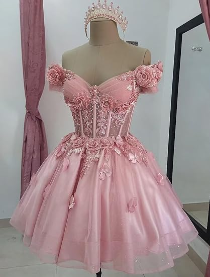 Modest Ball Gown Off The Shoulder Blush Pink Tulle Formal Homecoming Dresses 8th Grad Dance Graduation Dress Short Hoco Dresses DH2596 - Deanwangkt