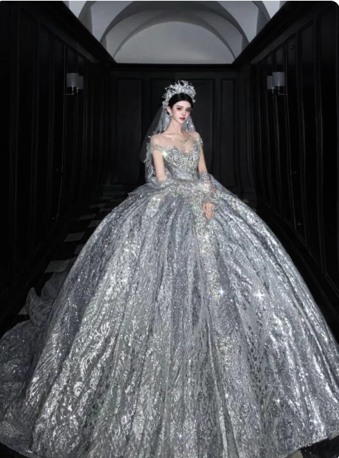 Luxury Off-the-shoulder Ball Gown Beaded Long Wedding Dresses Tulle Silver Bridal Dresses Sleeveless Bridal Gowns DP3698 - Deanwangkt