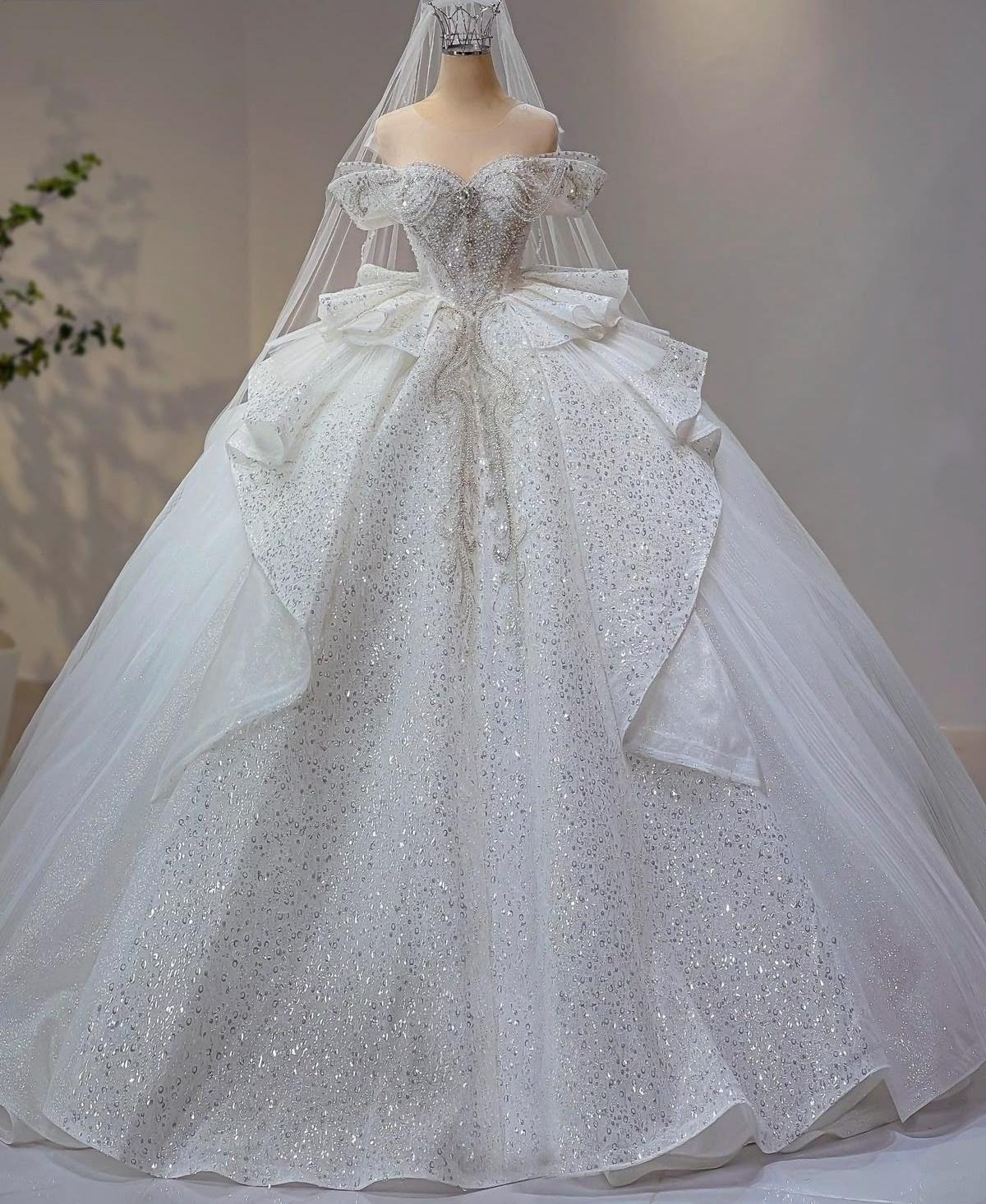 Timeless Off-the-shoulder Ball Gown Long Wedding Dresses Tulle White Bridal Gowns DP3301 - Deanwangkt