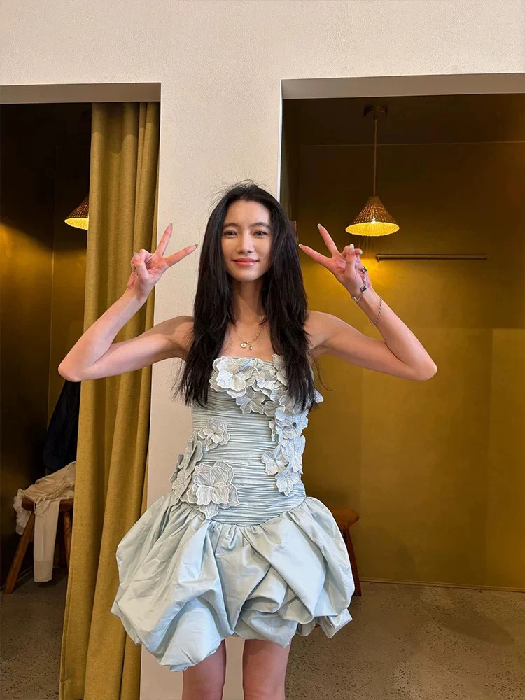 Sexy Sheath Strapless Blue Flowers Short Homecoming Dress Summer Hoco Dresses Cocktail Dress 18th Birthday Outfits W0753 - Deanwangkt