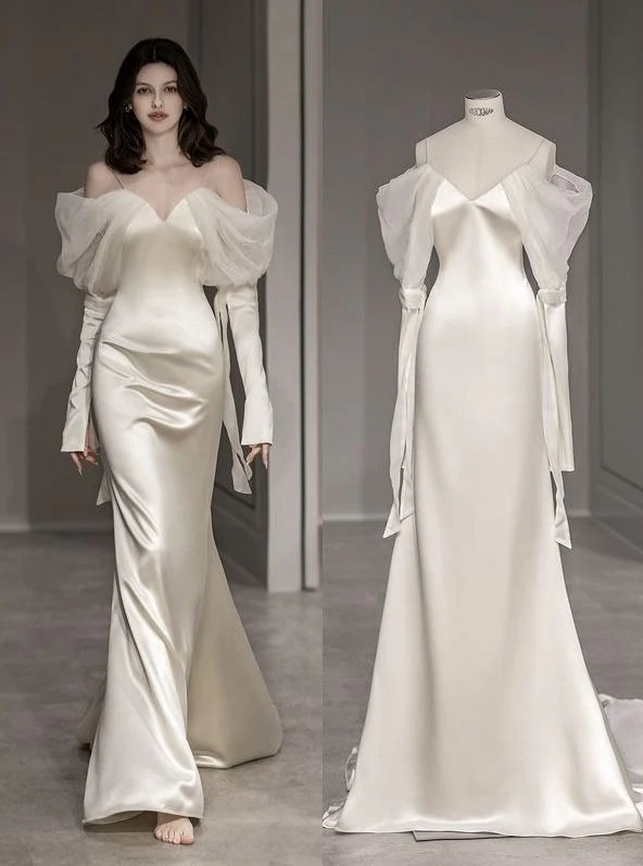 Timeless Bridal Gown Mermaid Off The Shoulder Satin Long Sleeves Wedding Dresses Elegant Bridal Gowns DH900 - Deanwangkt