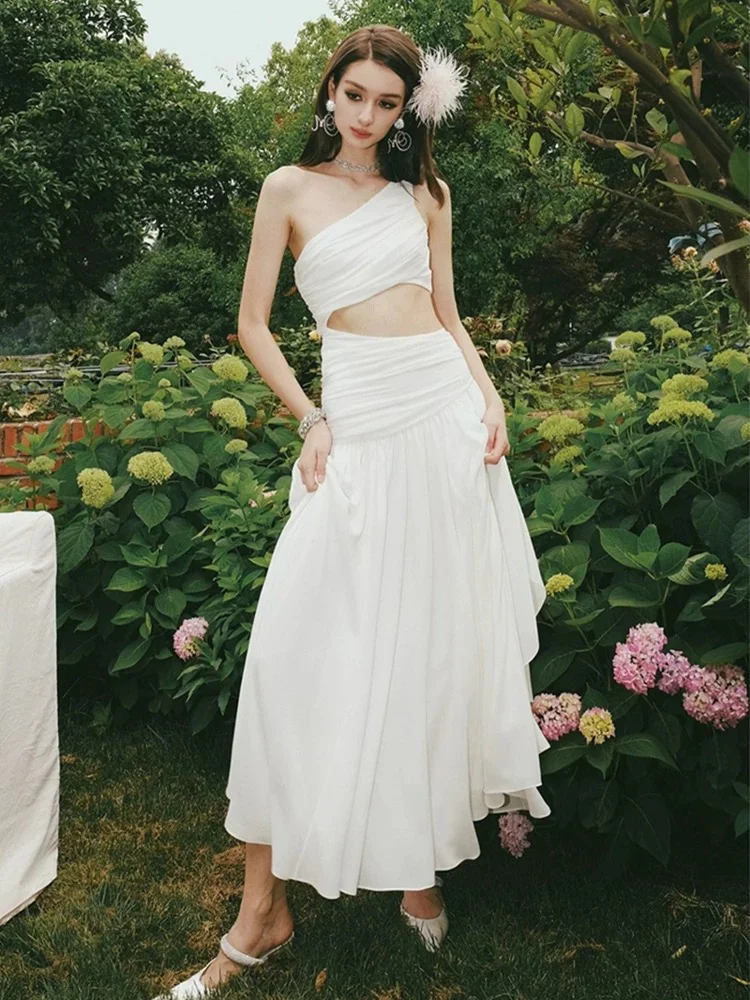 Elegant A line One Shoulder Sleeveless White Long Evening Party Gowns Evening Formal Dresses Prom Dress W897 - Deanwangkt