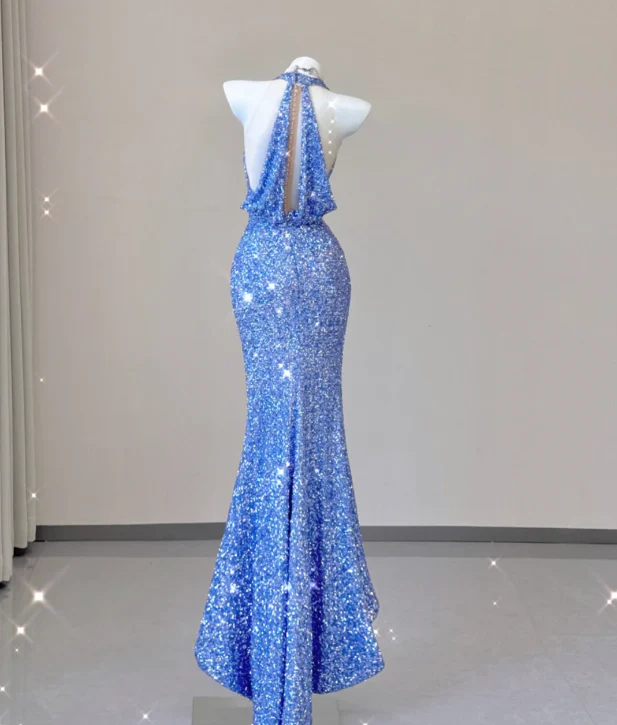 Classy Mermaid Halter V Neckline Blue Sequin Evening Dress Long Prom Dresses P0016 - Deanwangkt