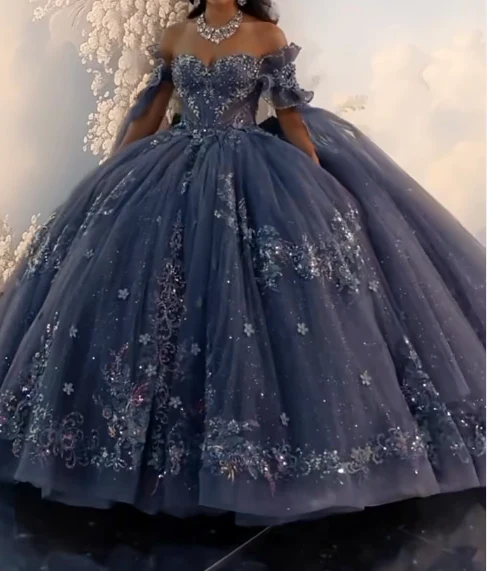 Gorgeous Off-the-Shoulder Ball Gown Tulle Long Prom Dresses Beaded Applique Navy Blue Quinceanera Dresses Sweet 16 Dresses DP3363 - Deanwangkt