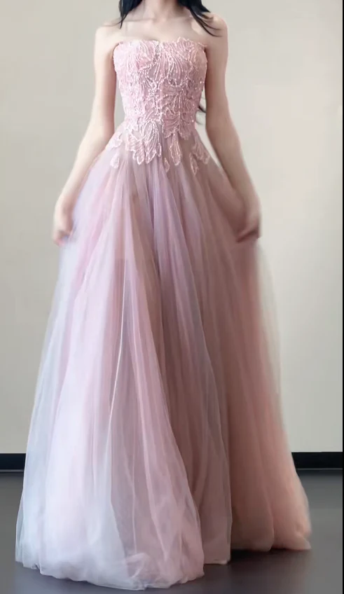 Gorgeous Strapless A-Line Long Prom Dresses Tulle Pink Sweet 16 Dresses DP3273 - Deanwangkt