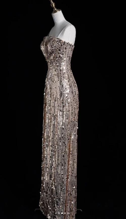 Elegant Spaghetti Strap Sheath Long Prom Dresses Sequins Champagne Evening Dresses DP3284 - Deanwangkt