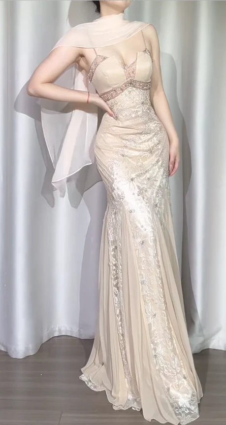 Vintage Spaghetti Straps Sheath Chiffon Long Prom Dresses, Light Champagne Formal Evening Dresses DP3163 - Deanwangkt