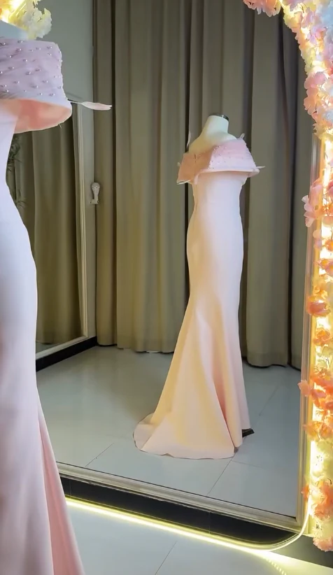 Fairy Off-the-shoulder Mermaid Long Prom Dresses, Satin Pink Evening Dresses DP3334 - Deanwangkt