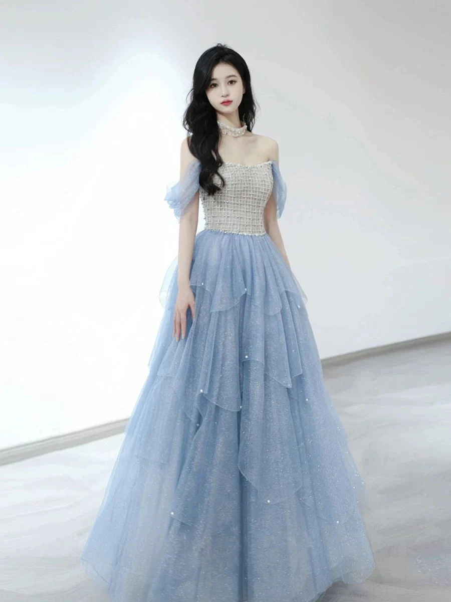 Sexy Ball Gown Off The Shoulder Blue Elegant Tulle Long Prom Dresses H2862 - Deanwangkt