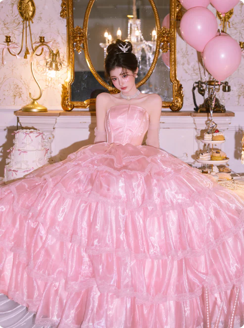 Cute Strapless Ball Gown Tiered Tull Long Prom Dress, Pink Sweet 16 Dress DP3023 - Deanwangkt