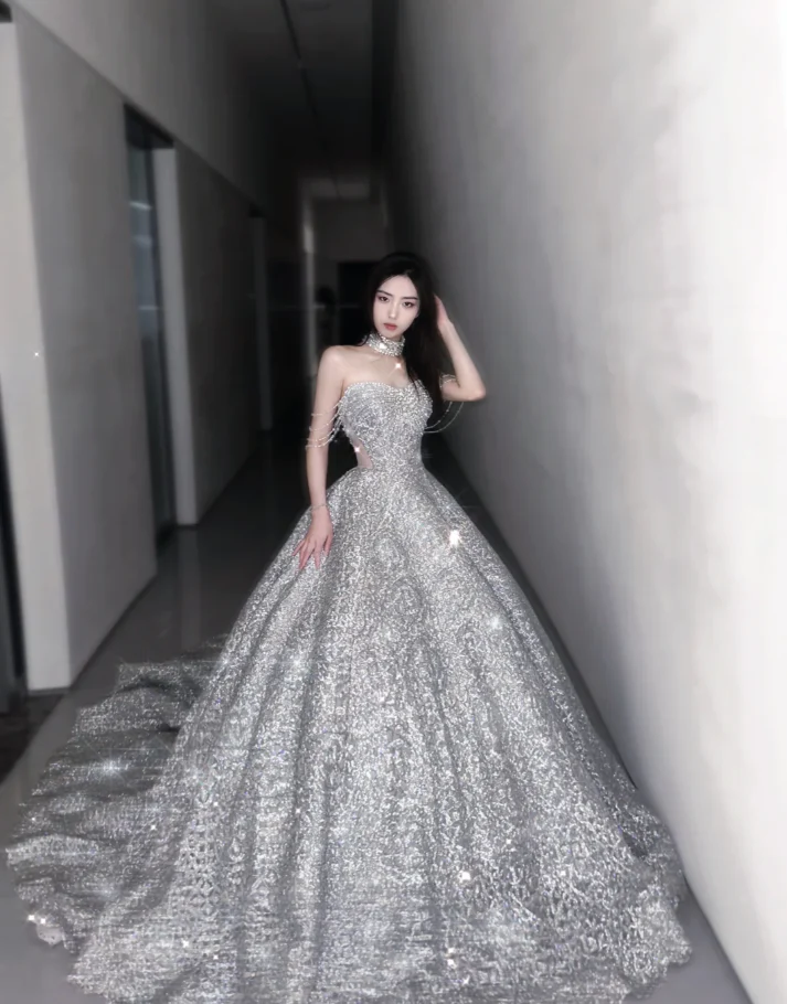 Pretty Ball Gown Strapless Sequin Long Silver Prom Dresses Sparkly Evening Dresses DP451 - Deanwangkt