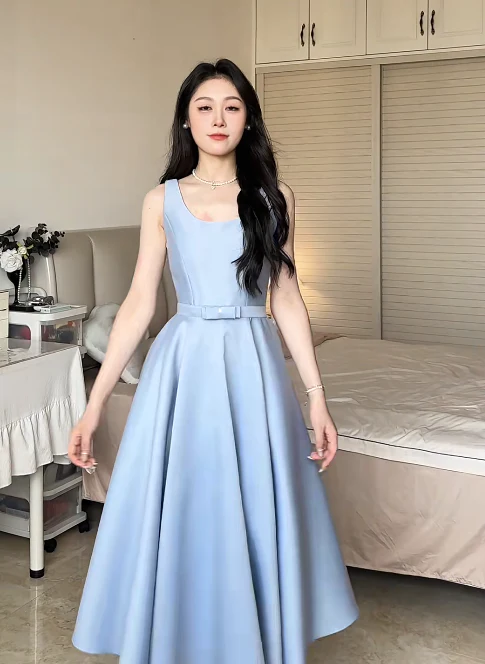 Elegant Spaghetti Strap A-Line Blue Wedding Guest Dresses Sleeveless Satin Mother of the Bride Dress DP3948 - Deanwangkt