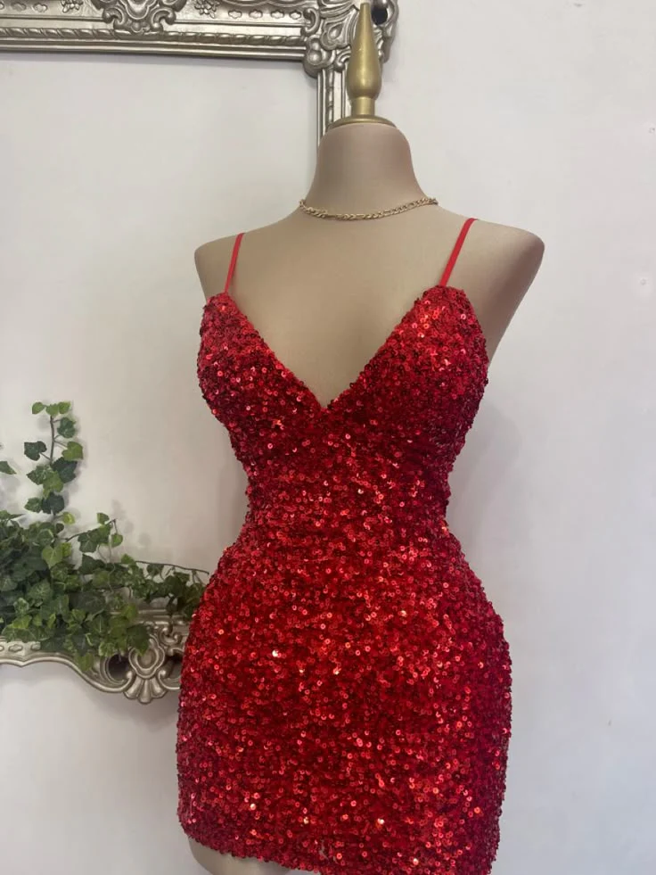 Cute Sheath Spaghetti Straps Sequin Red Short Homecoming Dress Summer Middle School Formal Hoco Dresses Cocktail Dress Birthday Outfits W0577 - Deanwangkt