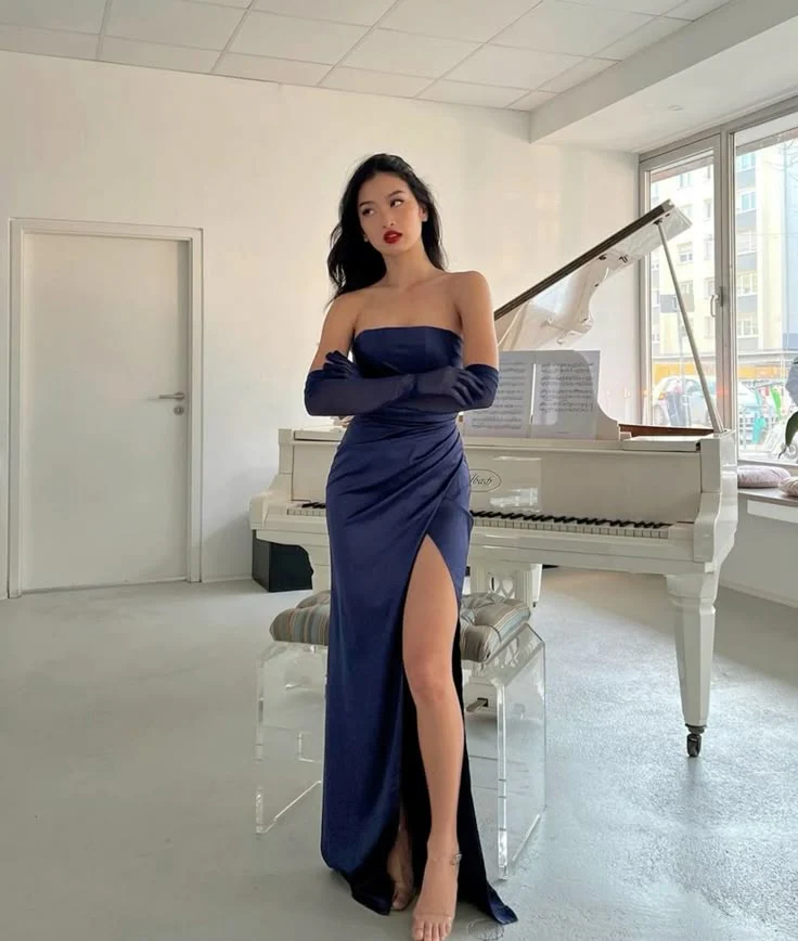 Pretty Mermaid Strapless Navy Blue Slit Evening Party Dresses Formal Summer Wedding Guest Dresses With Gloves Wedding Guest Outfits DP2151 - Deanwangkt