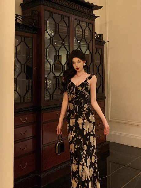 Elegant Mermaid Straps Black Floral Sleeveless 18th Birthday Dress Party Gown Birthday Outfits Birthday Dress Ideas For Women DP570 - Deanwangkt