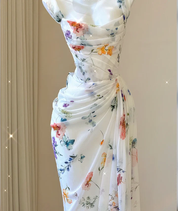 Classy Mermaid Square Neckline Floral Chiffon White Long Prom Dresses P0007 - Deanwangkt