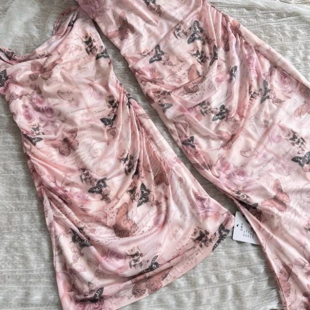 Cute Mermaid Spaghetti Straps Pink Floral Long Summer Dress For Women DP0012 - Deanwangkt