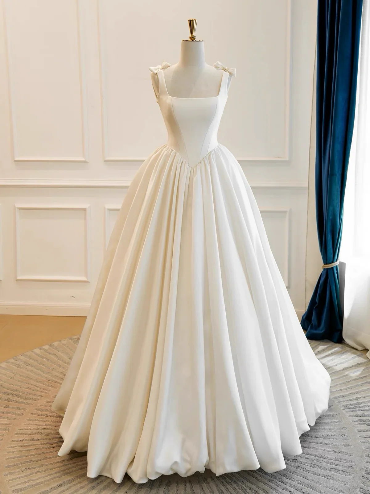 Modest Square Neck A-Line Satin Wedding Dresses Simple Bridal Gowns DP3168 - Deanwangkt