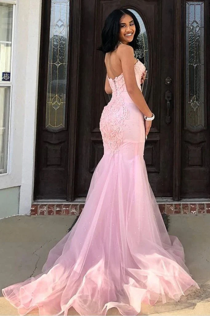 Classy Pink Sweetheart Sleeveless Lace Mermaid Prom Dresses with Train Evening Dresses Graduation Dress DP476 - Deanwangkt