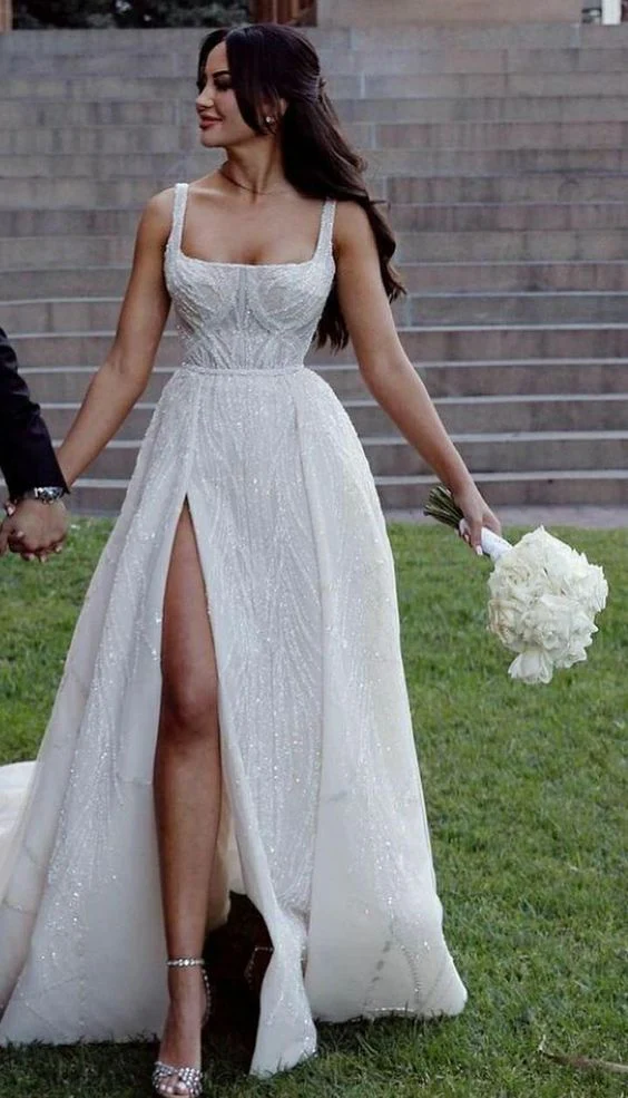 Classic Wedding Dress A Line Square Neck White Sequin Long Wedding Dresses Dreamy Bridal Gowns DH1240 - Deanwangkt