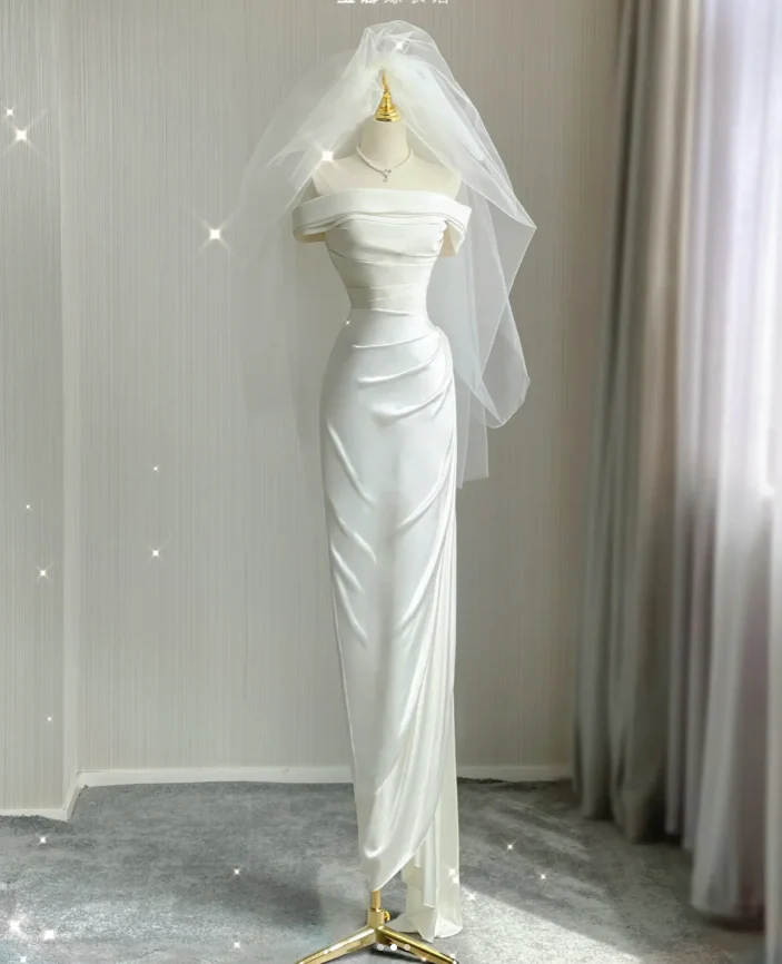 Simple Sheath Off The Shoulder Satin White Wedding Dresses Summer Brides Dress DP424 - Deanwangkt