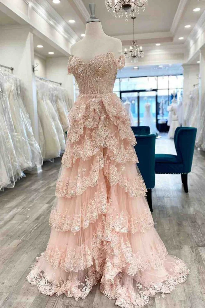 Pretty Off the Shoulder High Slit Pink Lace Long Prom Dress with Train, Off the Shoulder Pink Formal Dress Graduation Dress DP489 - Deanwangkt