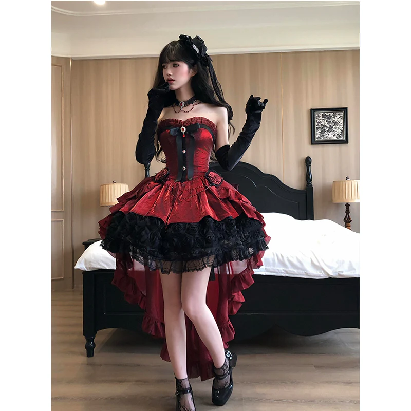 Vintage Ball Gown Sweetheart Red Black Mini Summer 16th Birthday Dress Lolita Dress Mini 18th Birthday Outfits Short Lolita Outfit DH2425 - Deanwangkt