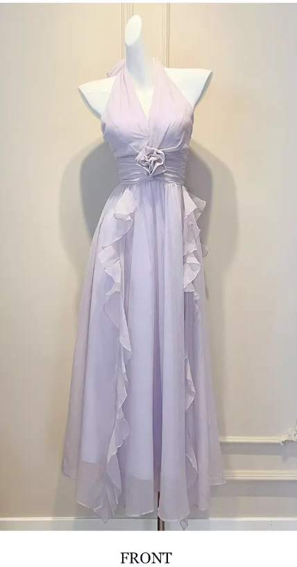 Sweet V-neck Sheath Long Evening Dresses Chiffon Ruffles Backless Party Dresses Purple Birthday Dresses DP3308 - Deanwangkt