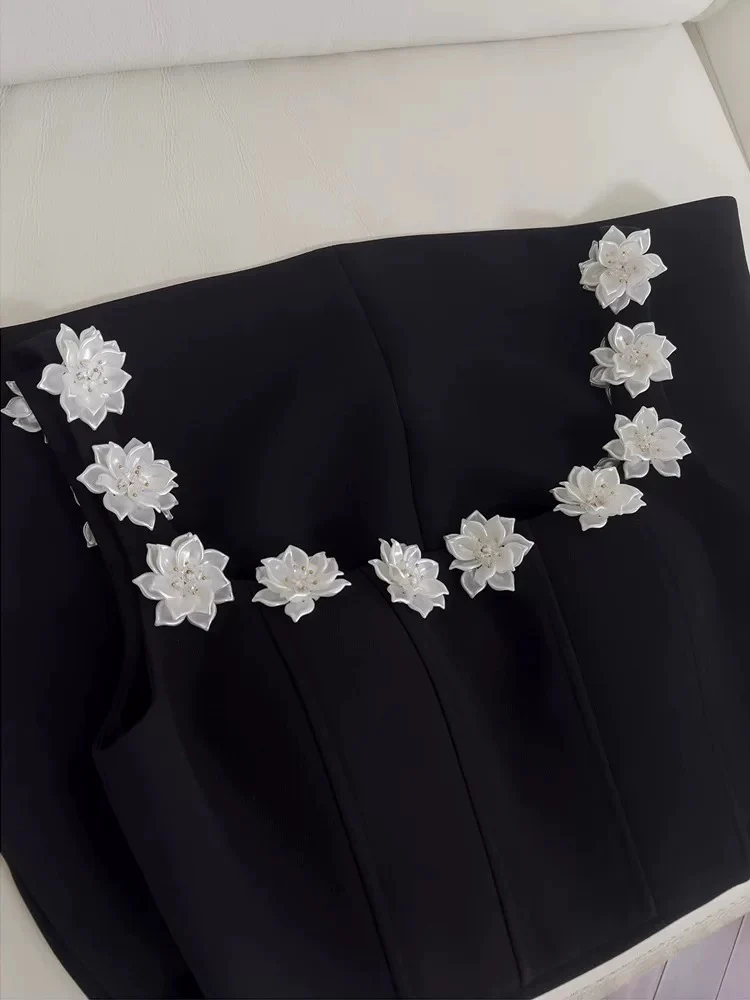 Trendy A Line Square Neck Floral Black Satin Formal Short 8th Grade Homecoming Dress Summer Middle School Hoco Dresses Birthday Outfits W930 - Deanwangkt