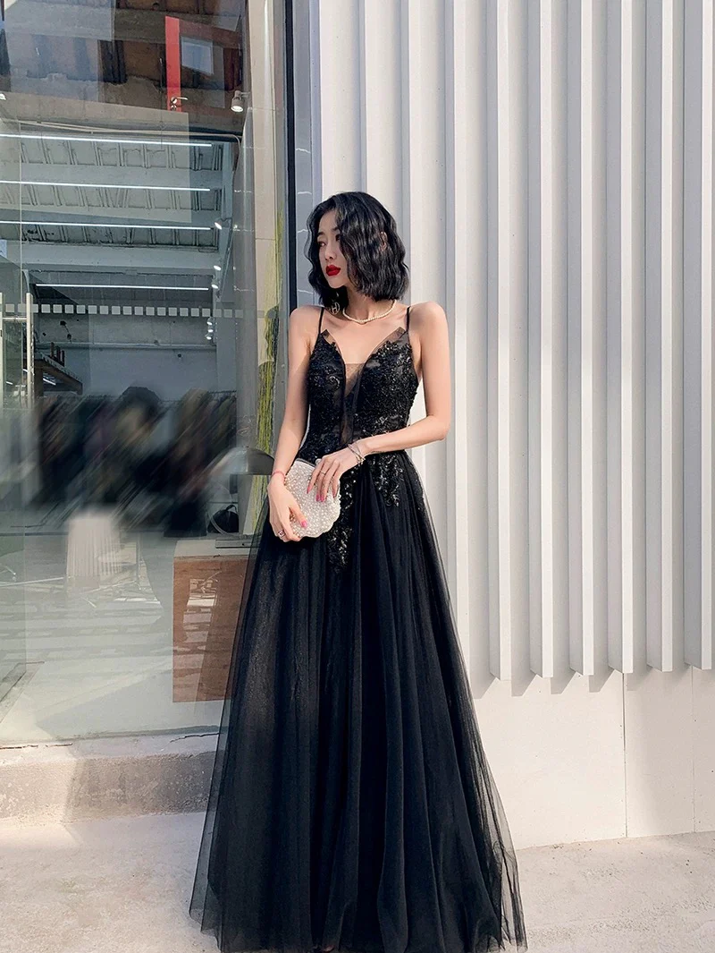 Classy Elegant A Line Spaghetti Straps Black Tulle Long Prom Dresses H2898 - Deanwangkt