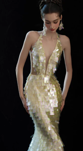 Chic Yellow Mermaid Evening Gowns V Neck Formal Dress Modest Sequin Sleeveless Long Prom Dresses DH2698 - Deanwangkt