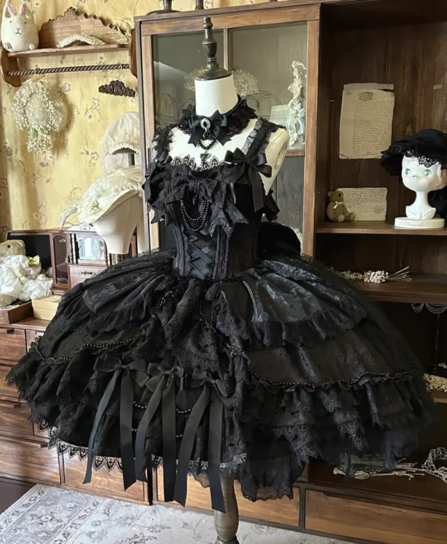 Gothic Strap Ball Gown Lace Bow 18th Birthday Dresses Black Lolita Dress DP3197 - Deanwangkt